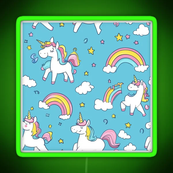 Playful Unicorns Seamless Pattern RGB Neon Sign