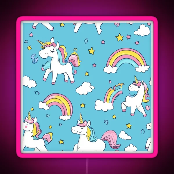 Playful Unicorns Seamless Pattern RGB Neon Sign