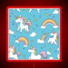 Vibrant colorful unicorns seamless pattern neon sign in modern living space.