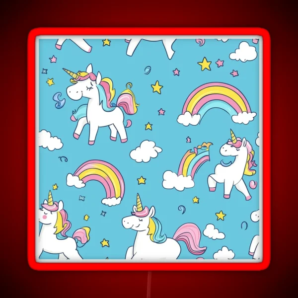 Playful Unicorns Seamless Pattern RGB Neon Sign