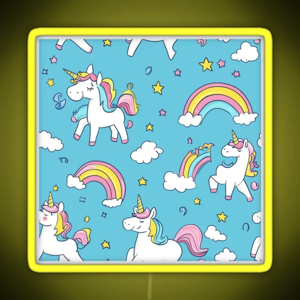 Playful Unicorns Seamless Pattern RGB Neon Sign