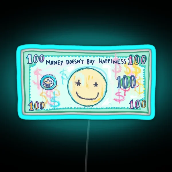Preppy Art Dollar Bill Hundred Dollar Bill Happy Face RGB Neon Sign
