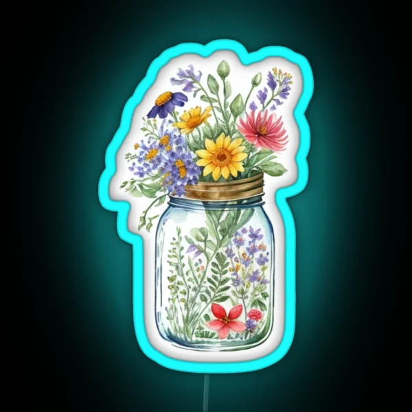 Pretty Colourful Watercolor Wildflowers In Mason Jar RGB Neon Sign