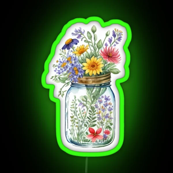 Pretty Colourful Watercolor Wildflowers In Mason Jar RGB Neon Sign