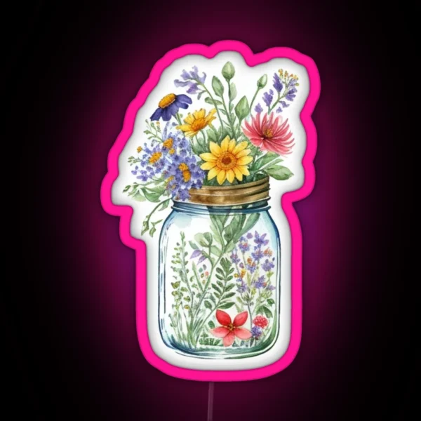 Pretty Colourful Watercolor Wildflowers In Mason Jar RGB Neon Sign