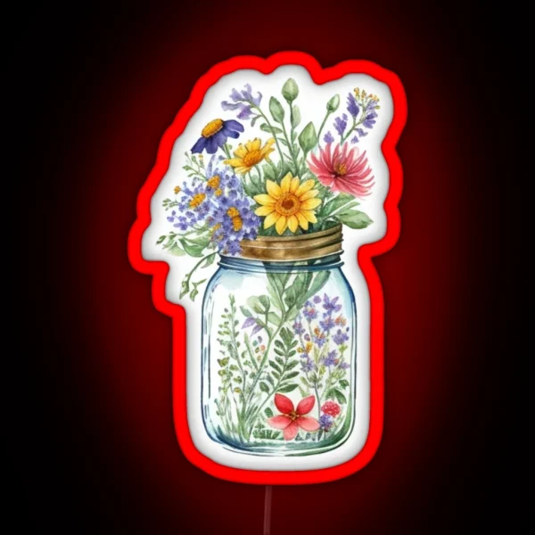 Pretty Colourful Watercolor Wildflowers In Mason Jar RGB Neon Sign