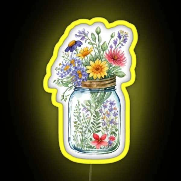 Pretty Colourful Watercolor Wildflowers In Mason Jar RGB Neon Sign