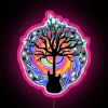 Vibrant psychedelic wall art featuring a surreal neon guitar tree