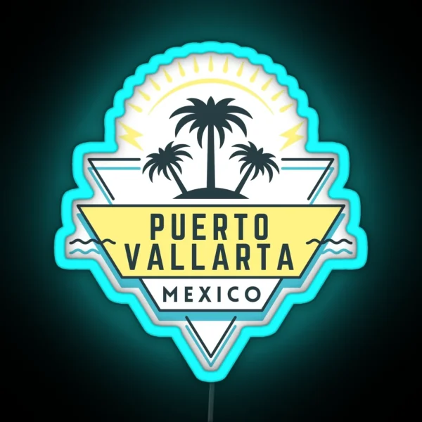 Puerto Vallarta PV Vallarta Mexico Souvenir Palm Trees Design Retro 80 S Graphic Design RGB Neon Sign