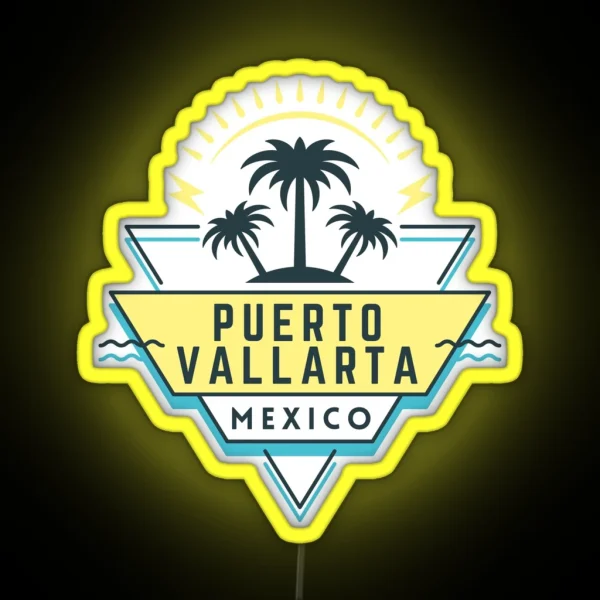 Puerto Vallarta PV Vallarta Mexico Souvenir Palm Trees Design Retro 80 S Graphic Design RGB Neon Sign