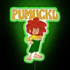 Compact, vibrant Pumuckl character illuminated by colorful RGB neon lighting.