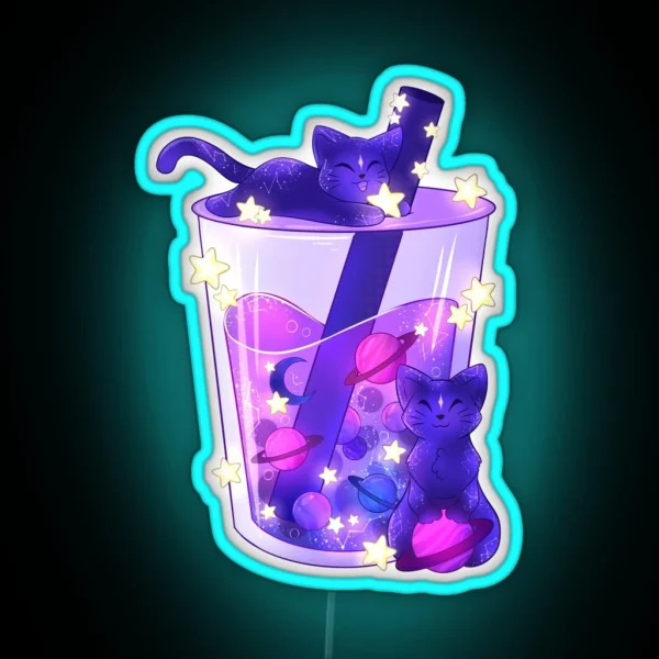 Purple Galaxy Cats Boba Tea RGB Neon Sign