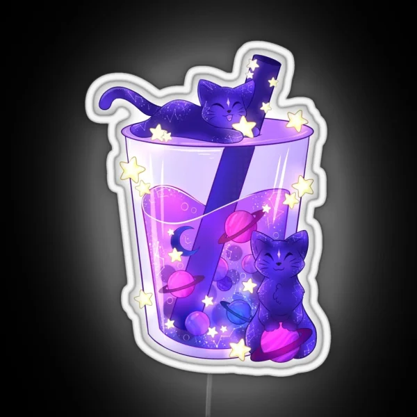 Purple Galaxy Cats Boba Tea RGB Neon Sign