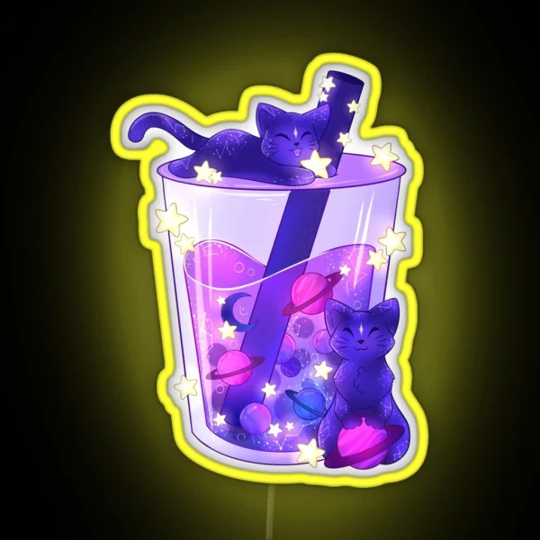 Purple Galaxy Cats Boba Tea RGB Neon Sign