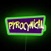 Vibrant Pyrocynical logo lit with colorful RGB neon lighting effect