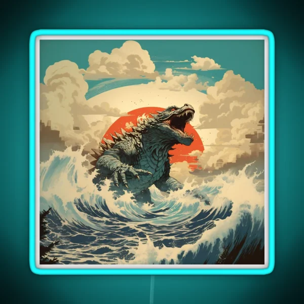 Raging Godzilla In Ocean 2 RGB Neon Sign