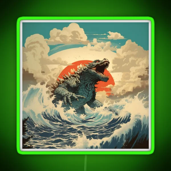 Raging Godzilla In Ocean 2 RGB Neon Sign