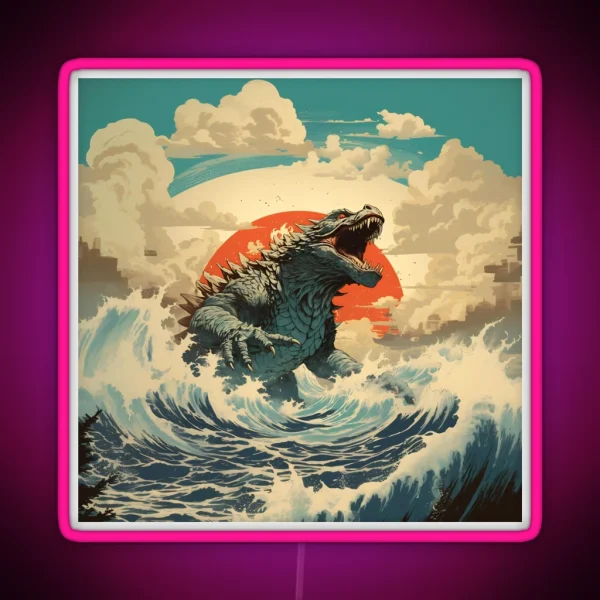 Raging Godzilla In Ocean 2 RGB Neon Sign