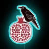 Mysterious raven perched atop vibrant pomegranate in radiant glow.