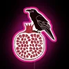 Color changing raven perched on vibrant pomegranate neon sign