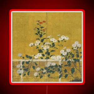 Red And White Chrysanthemums Vintage Japanese Gold Leaf Screen Print RGB Neon Sign