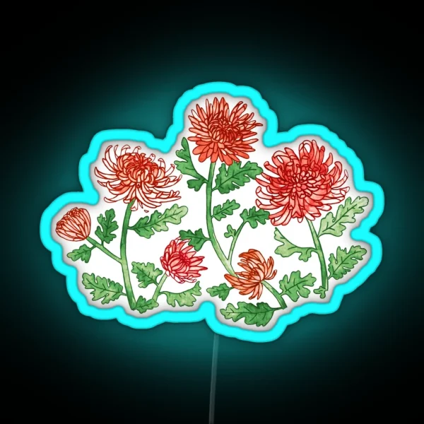 Red Chrysanthemum Watercolor And Pen Pattern RGB Neon Sign