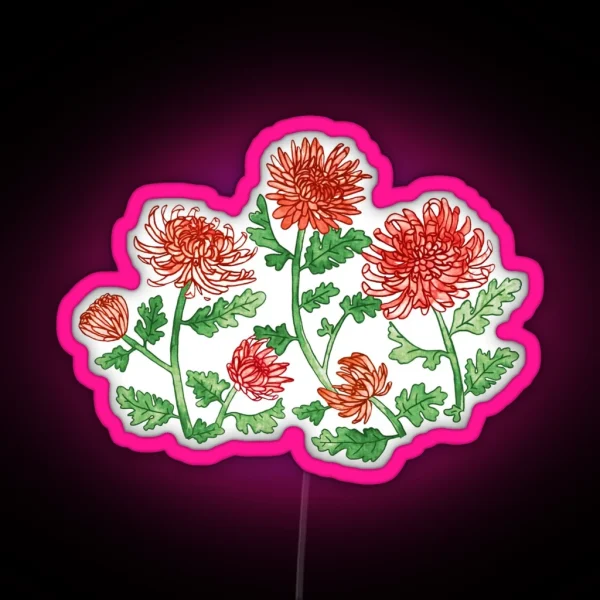 Red Chrysanthemum Watercolor And Pen Pattern RGB Neon Sign