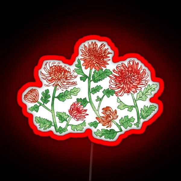 Red Chrysanthemum Watercolor And Pen Pattern RGB Neon Sign