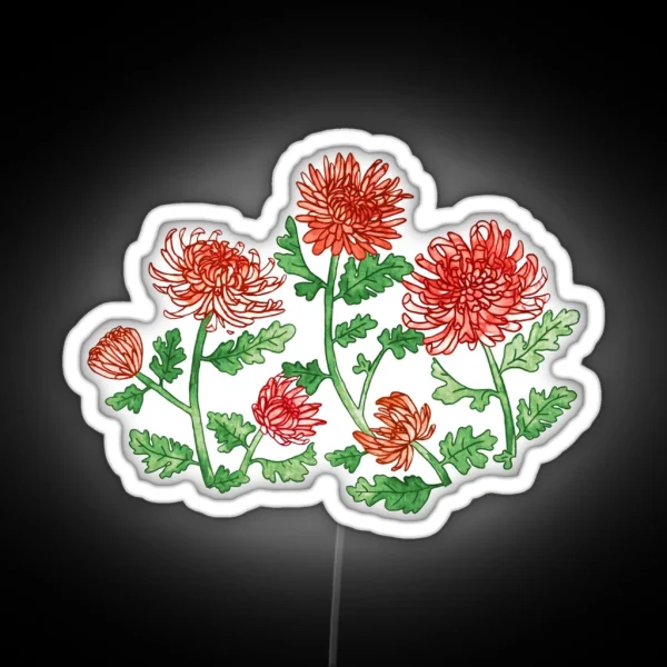 Red Chrysanthemum Watercolor And Pen Pattern RGB Neon Sign