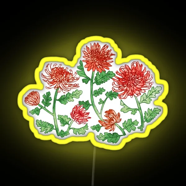 Red Chrysanthemum Watercolor And Pen Pattern RGB Neon Sign