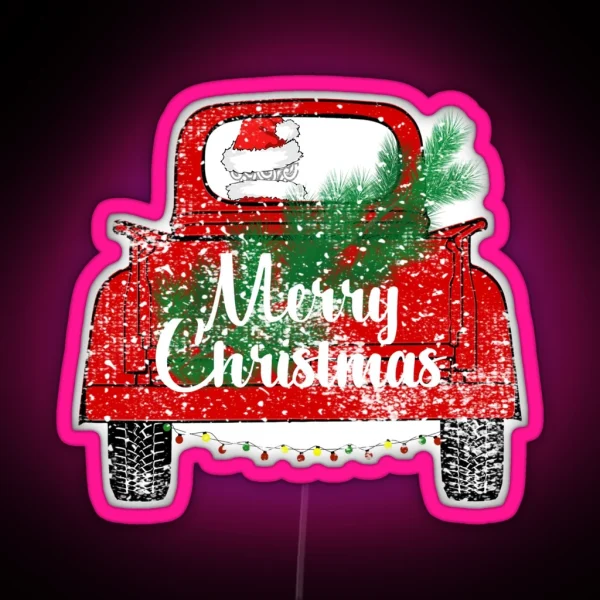 Red Merry Christmas Vintage Red Santa Truck Led Led Mug RGB Neon Sign