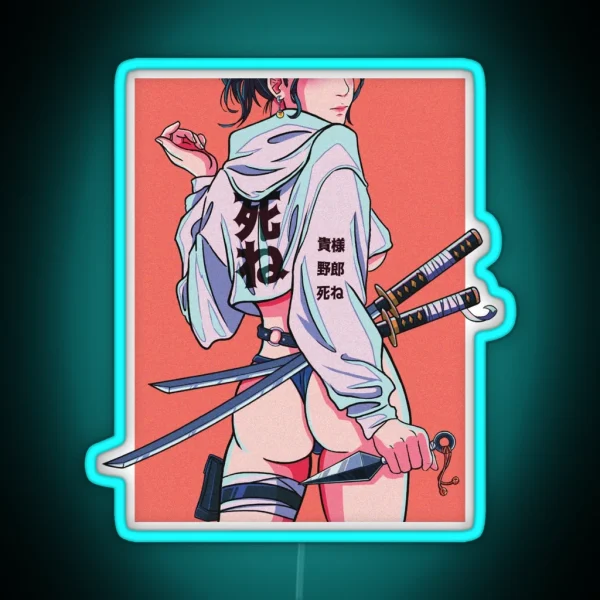 Retro Anime Shinobi Girl Kunai Katana RGB Neon Sign