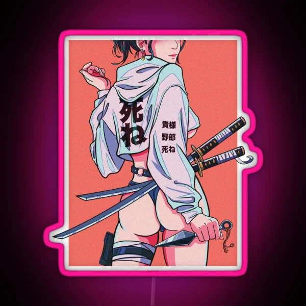 Retro Anime Shinobi Girl Kunai Katana RGB Neon Sign