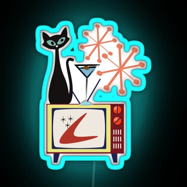 Retro Kitty Sitting On A Vintage Telly With His Cocktail RGB Neon Sign