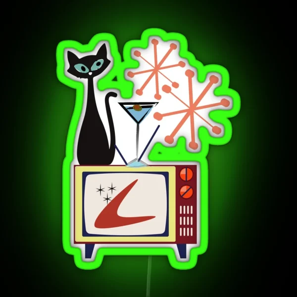 Retro Kitty Sitting On A Vintage Telly With His Cocktail RGB Neon Sign
