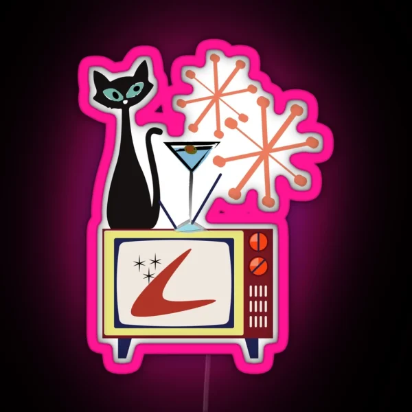 Retro Kitty Sitting On A Vintage Telly With His Cocktail RGB Neon Sign