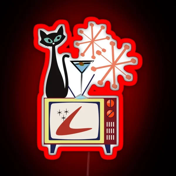 Retro Kitty Sitting On A Vintage Telly With His Cocktail RGB Neon Sign