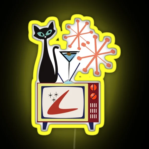 Retro Kitty Sitting On A Vintage Telly With His Cocktail RGB Neon Sign