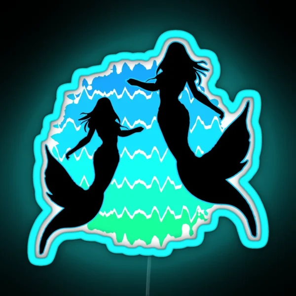 Retro Mermaids Sunset Mermaid Silhouettes Siren Art RGB Neon Sign