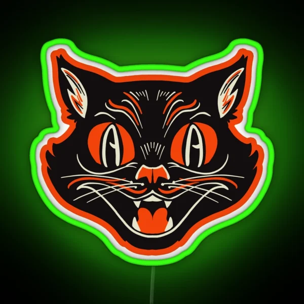 Retro Vintage Halloween Angry Black Cat Growling Face RGB Neon Sign
