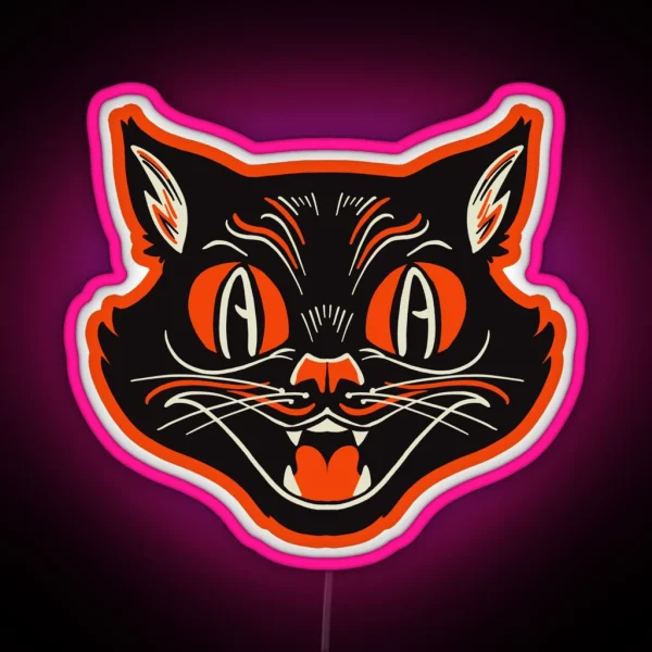 Retro Vintage Halloween Angry Black Cat Growling Face RGB Neon Sign