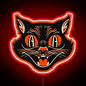 Retro Vintage Halloween Angry Black Cat Growling Face RGB Neon Sign