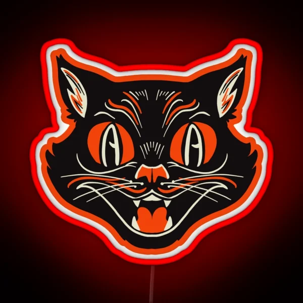 Retro Vintage Halloween Angry Black Cat Growling Face RGB Neon Sign