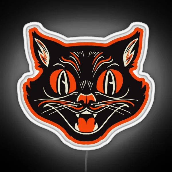 Retro Vintage Halloween Angry Black Cat Growling Face RGB Neon Sign