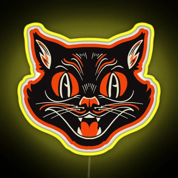 Retro Vintage Halloween Angry Black Cat Growling Face RGB Neon Sign