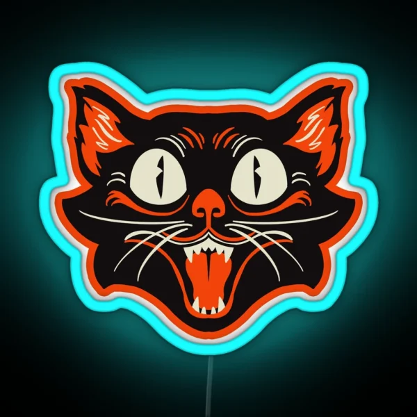 Retro Vintage Halloween Black Cat Happy Face RGB Neon Sign