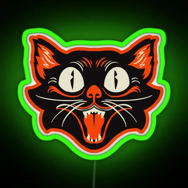 Retro Vintage Halloween Black Cat Happy Face RGB Neon Sign