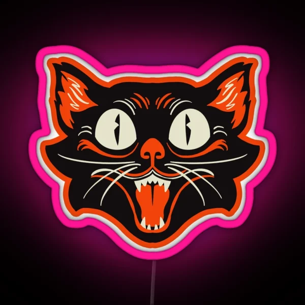 Retro Vintage Halloween Black Cat Happy Face RGB Neon Sign