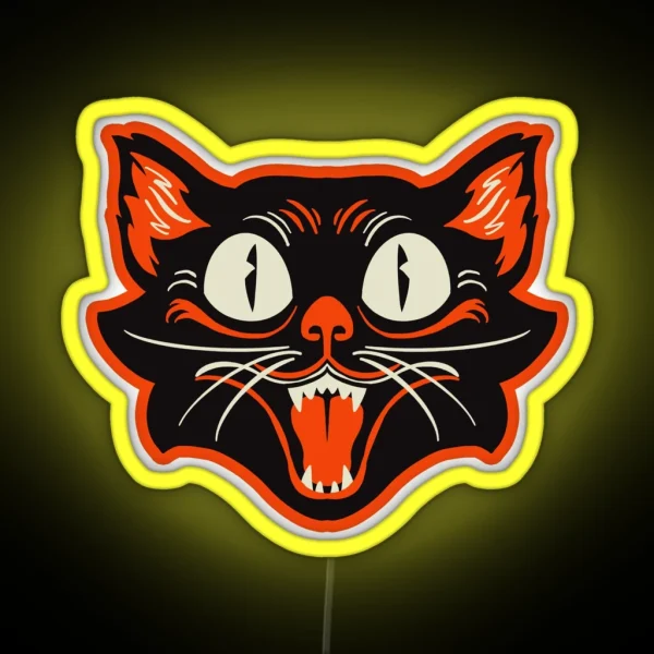 Retro Vintage Halloween Black Cat Happy Face RGB Neon Sign