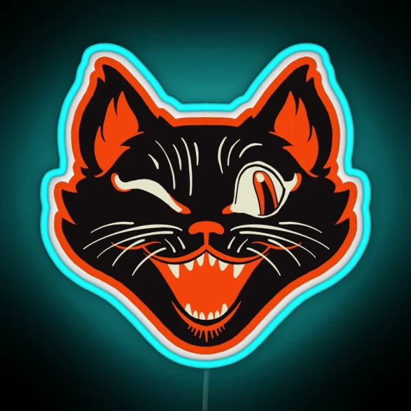 Retro Vintage Halloween Black Cat Winking Face RGB Neon Sign